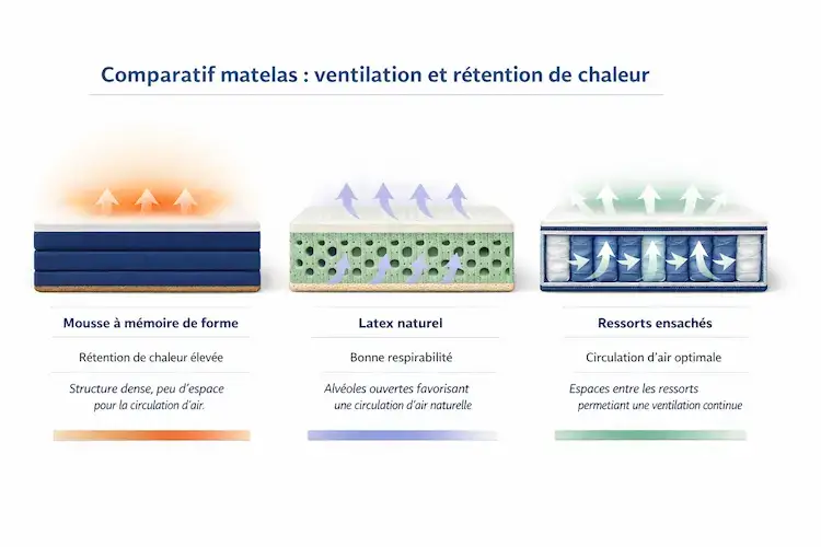 Comparatif de trois types de matelas (mousse à mémoire de forme, latex, ressorts ensachés) selon la ventilation et la rétention de chaleur