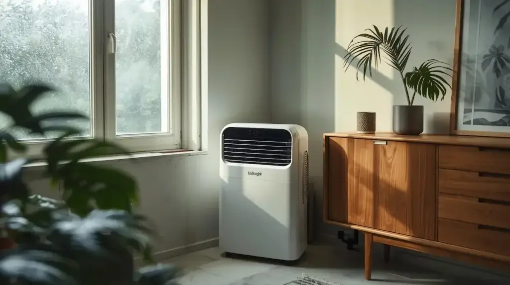 Déshumidificateur dans un salon avec fenêtre embuée par condensation