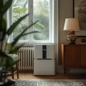 Déshumidificateur : combien de m² et combien de litres par jour ? Déshumidificateur placé sous une fenêtre avec condensation dans un salon