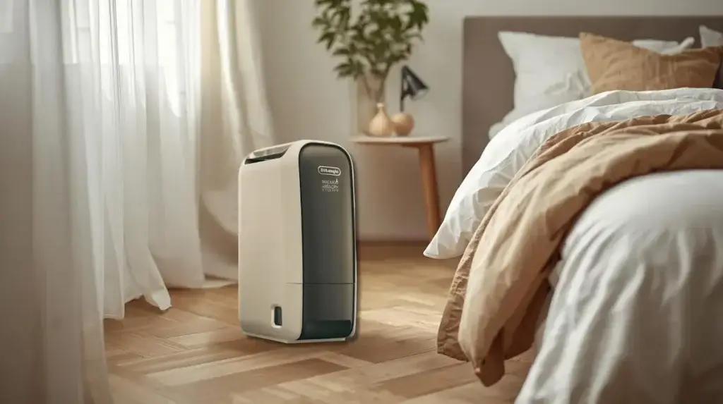 Déshumidificateur DeLonghi DNS65 installé dans une chambre, modèle silencieux à technologie zéolite adapté jusqu’à 30 m²
