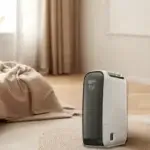 DeLonghi DNS65 : caractéristiques, modes et retours d'utilisateurs — le déshumidificateur silencieux pour chambre Déshumidificateur DeLonghi DNS65 dans une chambre, modèle zéolite silencieux 6L 30 m²