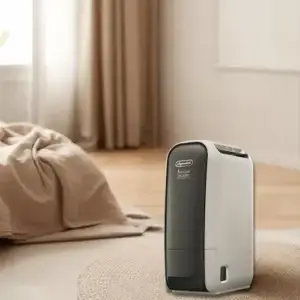 DeLonghi DNS65 : caractéristiques, modes et retours d'utilisateurs — le déshumidificateur silencieux pour chambre Déshumidificateur DeLonghi DNS65 dans une chambre, modèle zéolite silencieux 6L 30 m²