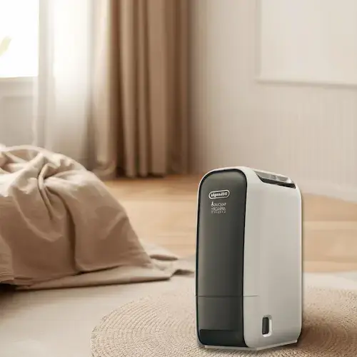 Déshumidificateur DeLonghi DNS65 dans une chambre, modèle zéolite silencieux 6L 30 m²