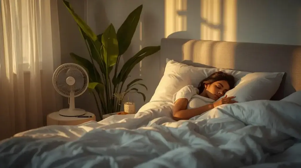 Femme dormant paisiblement avec un ventilateur compact sur la table de chevet dans une chambre lumineuse