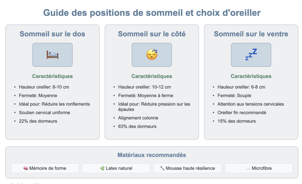 Guide des positions de sommeil et choix d'oreiller : sur le dos (hauteur 8-10 cm, fermeté moyenne, 22 % des dormeurs), sur le côté (10-12 cm, fermeté moyenne à ferme, 63 % des dormeurs), sur le ventre (6-8 cm, souple, 15 % des dormeurs). Matériaux recomman