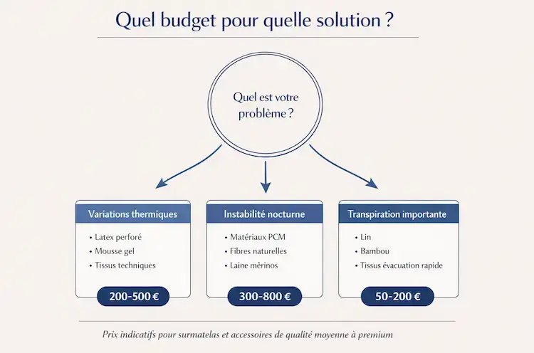 Infographie arbre de décision pour choisir sa solution de régulation thermique selon son problème : variations thermiques, instabilité nocturne ou transpiration. Comparaison des budgets de 50€ à 800€ selon les technologies recommandées.