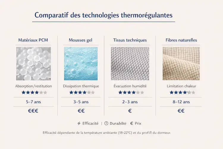 Infographie comparative de 4 technologies thermorégulatrices pour la literie : matériaux PCM, mousses gel, tissus techniques et fibres naturelles. Comparaison détaillée de l'efficacité, durabilité et prix de chaque solution.