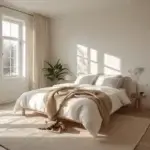 Matelas respirant : définition technique, critères réels et pièges marketing Chambre minimaliste lumineuse avec lit en bois clair et linge de lit beige, illustrant un environnement propice à la respirabilité du matelas