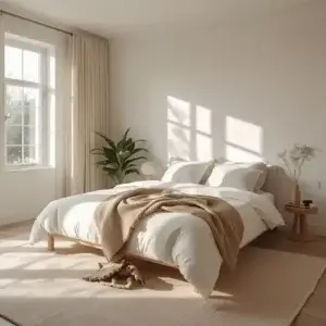 Matelas respirant : définition technique, critères réels et pièges marketing Chambre minimaliste lumineuse avec lit en bois clair et linge de lit beige, illustrant un environnement propice à la respirabilité du matelas