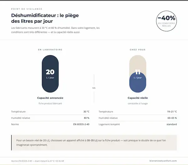 Infographie comparant la capacité réelle d'un déshumidificateur (11 L/jour) à la capacité annoncée en laboratoire (20 L/jour) selon la norme EN 60335-2-40
