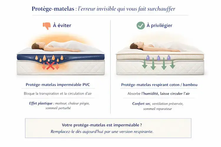 Comparatif visuel entre un protège-matelas imperméable en PVC qui bloque la transpiration et un protège-matelas respirant en coton bambou qui laisse circuler l'air