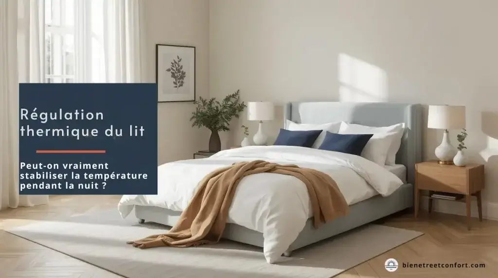 Lit dans une chambre lumineuse illustrant la régulation thermique du lit et la stabilisation de la température pendant la nuit