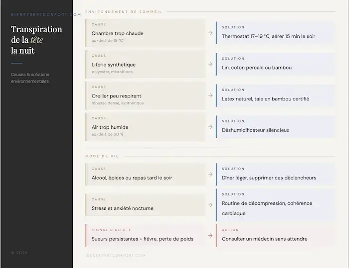Infographie causes et solutions de la transpiration de la tête la nuit — chambre trop chaude, literie synthétique, oreiller peu respirant, humidité
