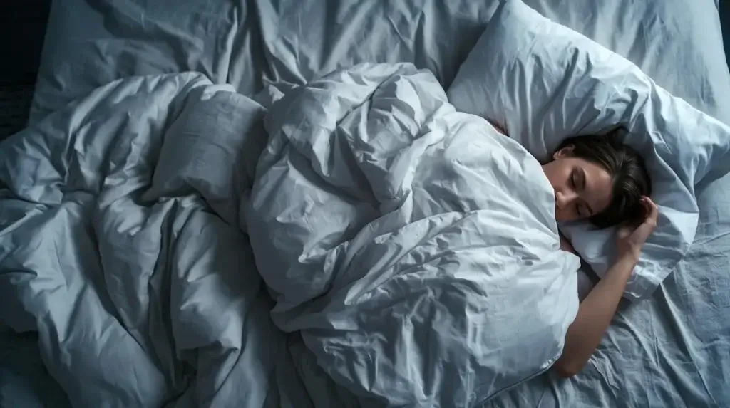 Personne dormant sous une couette épaisse illustrant la surchauffe du couchage et le micro-climat chaud sous la couette