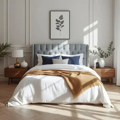 Lit dans une chambre lumineuse illustrant la régulation thermique du lit et la stabilité de la température