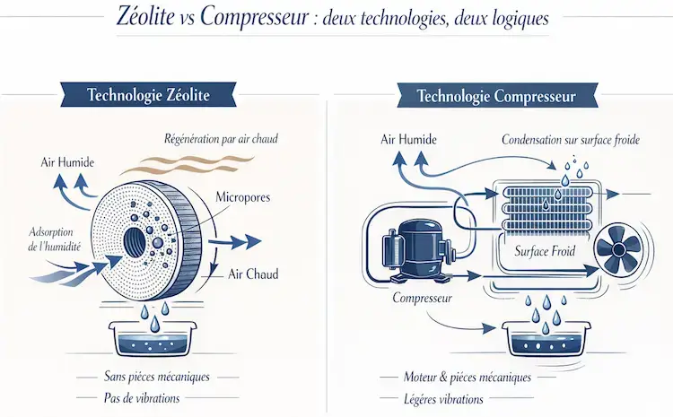 Infographie comparant la technologie zéolite (adsorption par disque minéral, silencieux dès 1°C) et la technologie à compresseur (condensation par circuit réfrigérant, plus bruyante) pour les déshumidificateurs