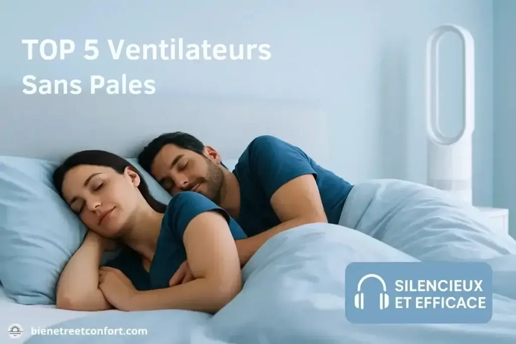 Couple dormant paisiblement avec ventilateur sans pales silencieux - TOP 5 des meilleurs modèles 2025 pour un sommeil de qualité