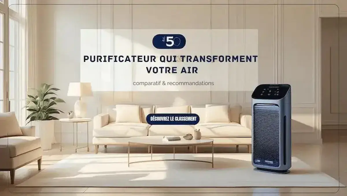 Illustration haut de gamme d’un purificateur d’air dans un salon élégant – Découvrez notre comparatif des 5 meilleurs modèles