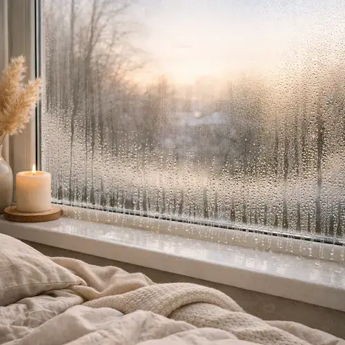 gouttes de condensation sur une fenêtre de chambre dues à l’humidité la nuit