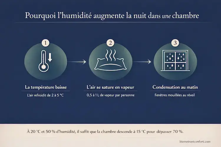 Infographie : pourquoi l'humidité augmente la nuit dans une chambre en 3 étapes — baisse de température, saturation de l'air en vapeur, condensation sur les fenêtres le matin