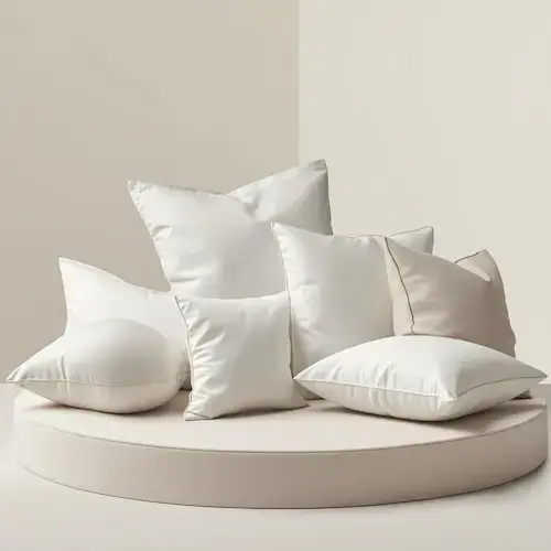 Sélection de plusieurs oreillers blancs élégants disposés sur un socle beige clair pour illustrer un comparatif d’oreillers Dodo