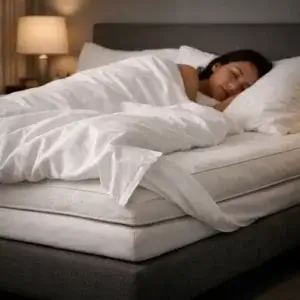 Surmatelas thermorégulateur : comparatif 2026 des modèles qui stabilisent vraiment la température du lit Surmatelas thermorégulateur installé sur un matelas dans un lit confortable
