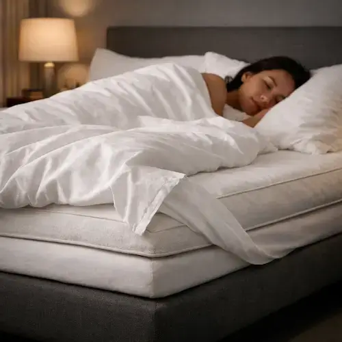 Surmatelas thermorégulateur installé sur un matelas dans un lit confortable