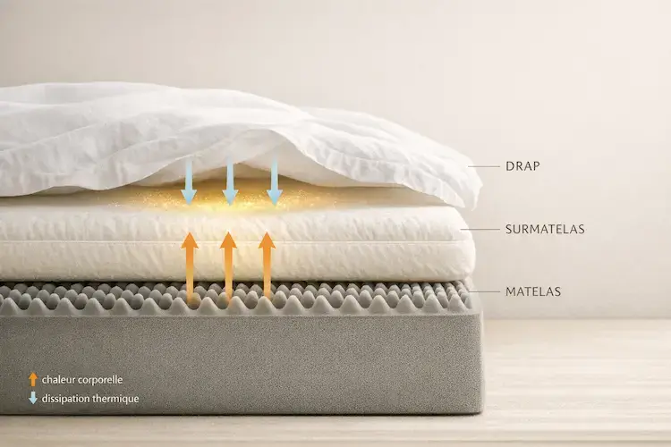 Schéma en coupe montrant les trois couches du lit — matelas, surmatelas et drap — avec les flux de chaleur corporelle montants et la dissipation thermique descendante au niveau du microclimat