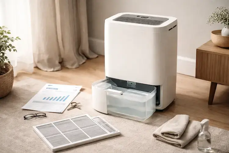 Déshumidificateur avec bac d’eau, filtre retiré et accessoires d’entretien, pour illustrer le coût réel d’usage et la maintenance régulière
