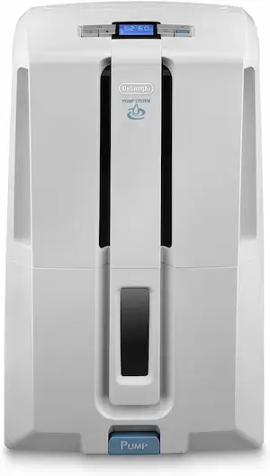Déshumidificateur De’Longhi DD230P vu de face, avec panneau de commande supérieur, poignée centrale et bouton Pump en partie basse.