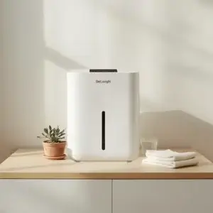 Déshumidificateur De'Longhi : comparatif de 5 modèles Déshumidificateur De’Longhi blanc posé sur un meuble en bois clair dans un intérieur lumineux et minimaliste