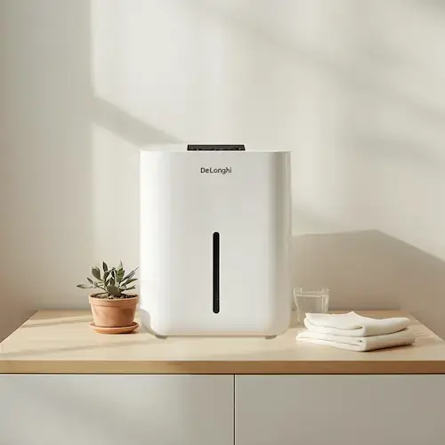 Déshumidificateur De’Longhi blanc posé sur un meuble en bois clair dans un intérieur lumineux et minimaliste