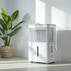 Déshumidificateur : les limites que les fabricants mentionnent rarement Déshumidificateur blanc placé dans une pièce lumineuse, pour illustrer l’efficacité réelle d’un appareil contre l’humidité intérieure