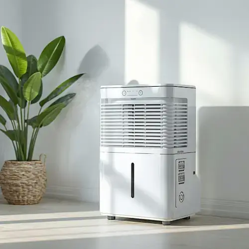 Déshumidificateur blanc placé dans une pièce lumineuse, pour illustrer l’efficacité réelle d’un appareil contre l’humidité intérieure