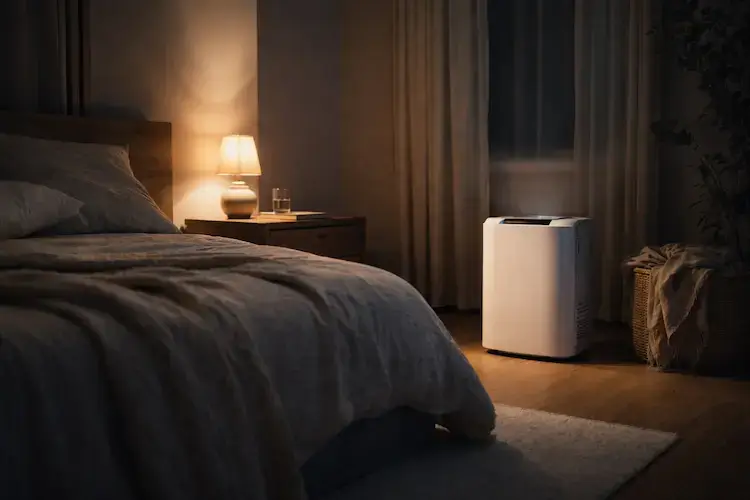 Déshumidificateur en fonctionnement dans une chambre calme la nuit, pour illustrer le bruit réel perçu en usage nocturne