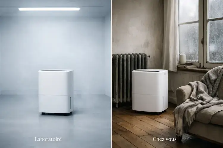 Comparaison visuelle entre un déshumidificateur en conditions de laboratoire et le même appareil dans un intérieur domestique humide