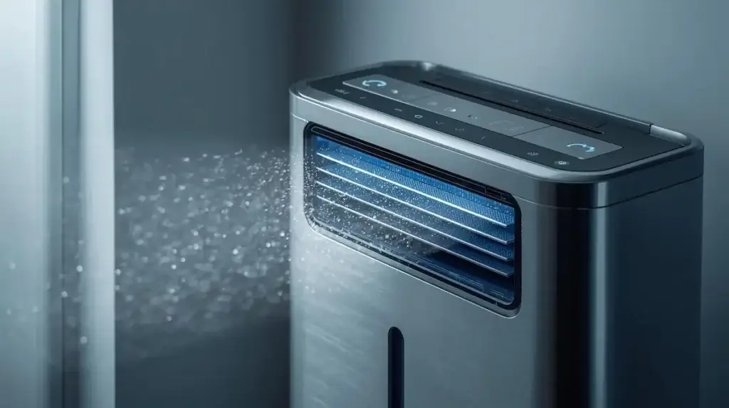 Déshumidificateur en fonctionnement montrant le flux d’air, pour illustrer l’efficacité réelle d’un appareil dans un logement