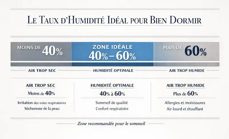 Infographie montrant le taux d’humidité idéal dans une chambre pour bien dormir, avec une zone optimale entre 40 % et 60 %, un air trop sec en dessous de 40 % et un air trop humide au-dessus de 60 %