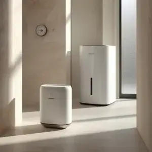 Déshumidificateur ou absorbeur d'humidité : lequel choisir ? Comparaison entre une solution compacte contre l’humidité et un déshumidificateur électrique dans une pièce lumineuse