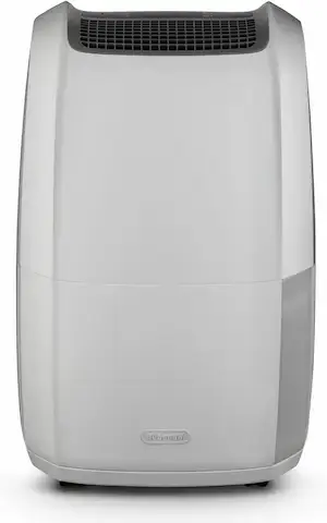Déshumidificateur De’Longhi DDSX220 blanc vu de face, avec grille d’aération supérieure et façade arrondie.