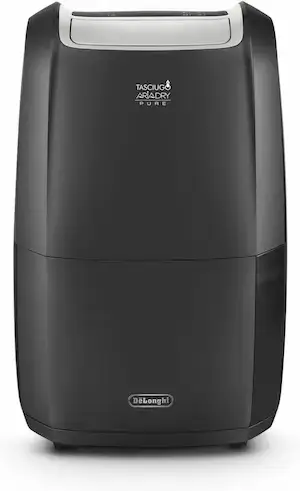 Déshumidificateur De’Longhi DDSX220WFA noir vu de face, avec logo Tasciugo Ariadry Pure et réservoir visible en bas.