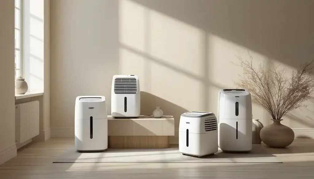 Plusieurs déshumidificateurs De’Longhi blancs dans un intérieur lumineux et minimaliste