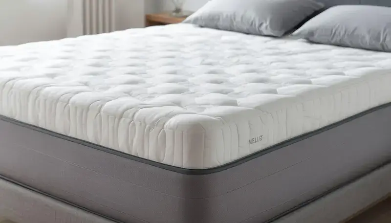 Gros plan sur la housse matelassée en percale de coton du surmatelas Mello Duo, montrant le matelassage en fibres creuses et les finitions.