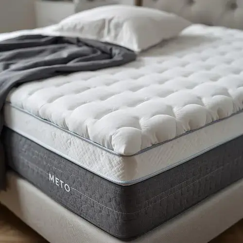 Surmatelas Mello Duo avec housse matelassée en percale de coton sur un lit, vu en angle avec oreillers et linge de lit.
