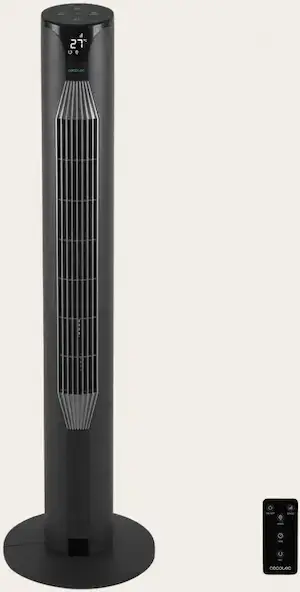 Ventilateur colonne Cecotec noir avec écran supérieur et télécommande.