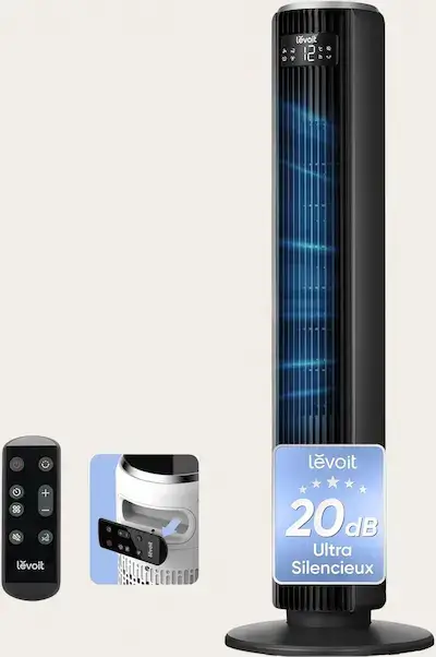 Ventilateur colonne Levoit noir avec télécommande, affichage LED et mention 20 dB.