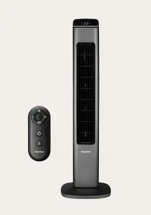 Ventilateur colonne MEDION gris anthracite avec télécommande noire.