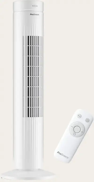 Ventilateur colonne Pro Breeze blanc avec télécommande, adapté aux petites pièces.