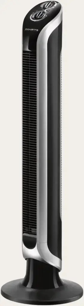 Ventilateur colonne Rowenta Eole Infinite noir et argent avec format haut et oscillation large.