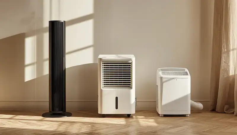 Trois appareils de rafraîchissement alignés dans une chambre : ventilateur colonne, rafraîchisseur d’air et climatiseur mobile avec évacuation.